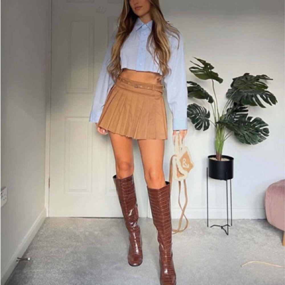 ZARA Pleated Raw Hem Mini Skirt with Belt